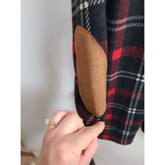 Egs California Black Red Plaid Elbow Patch Longline Open Cardigan XL - Picture 2 of 6